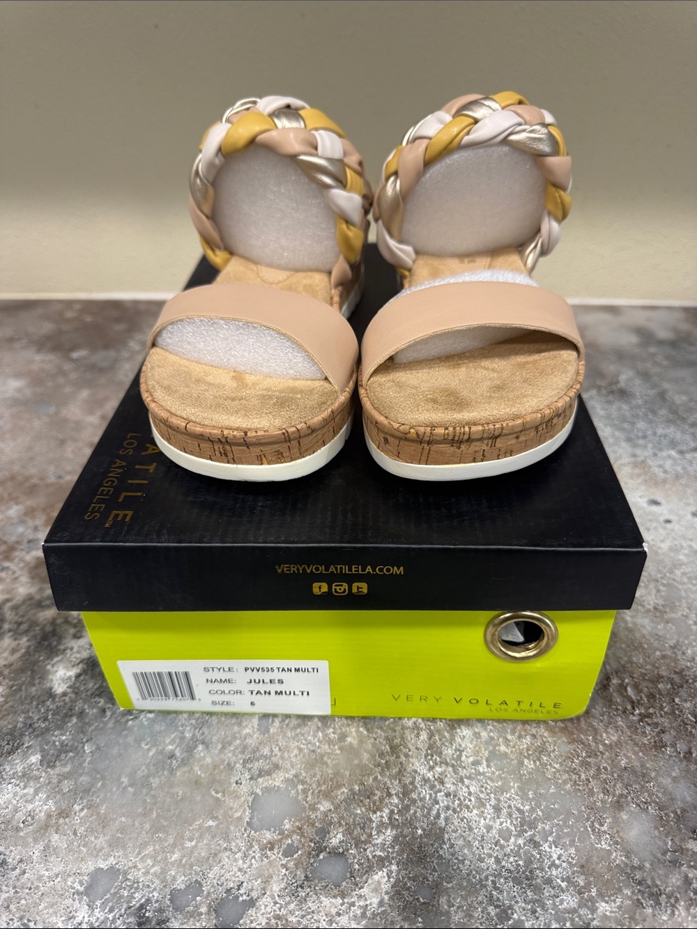 Very Volatile Tan White Yellow Braided Cork Platform Sandal